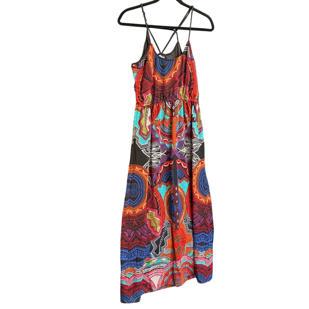 Angie Womens Large Geometric Tribal Maxi Dress Boho Festival Strappy Black Red